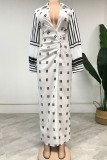 ホワイト ファッション カジュアル プリント パッチワーク ターンダウン カラー ワンステップ スカート ドレス