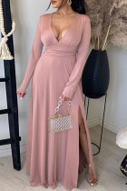 ピンクのファッションカジュアルソリッドスリットVネック長袖ドレス