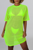Зеленые сексуальные однотонные сетчатые прямые платья с круглым вырезом