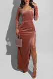 Pink Sexy Casual Solid Slit Square Collar Long Sleeve Dresses