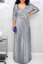 Silver Elegant Solid Patchwork Vik V-ringad raka klänningar (innehåller bältet)