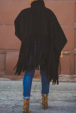 ブラックファッションヴィンテージソリッドタッセルタートルネックプラスサイズのオーバーコート