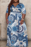 Синее модное повседневное длинное платье с V-образным вырезом и принтом больших размеров