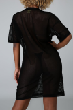 Svarta sexiga raka klänningar i massiv mesh med o-hals