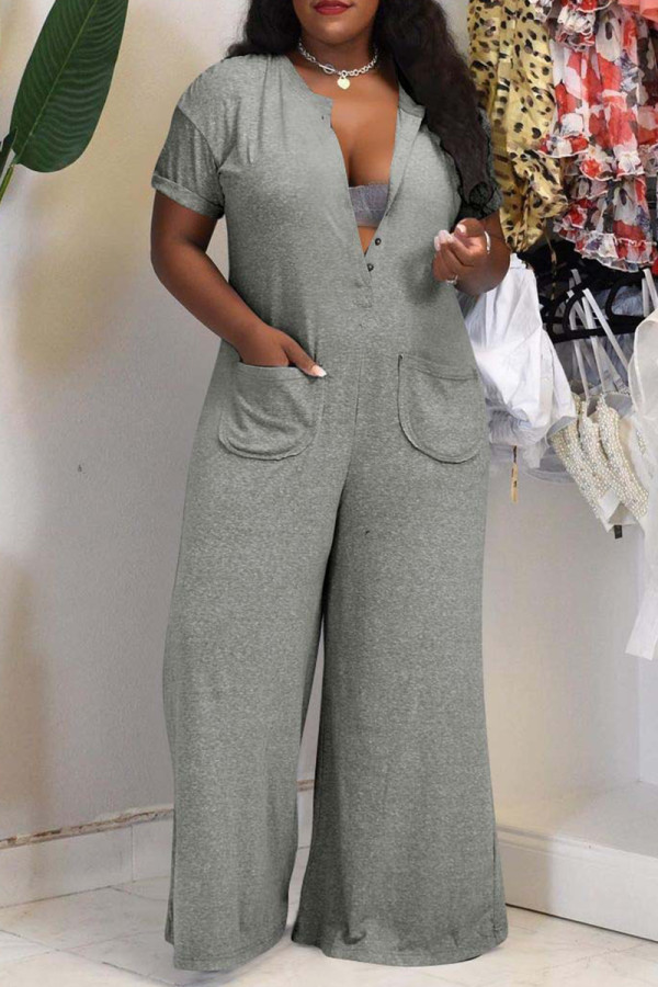 Macacão cinza fashion casual sólido básico com decote em V plus size