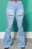 Dark Blue Street Solid Patchwork High Waist Boot Cut Flare Leg Ripped Denim Jeans