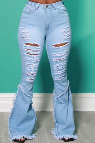 Babyblauwe straat effen gescheurde patchwork denim jeans met hoge taille en bootcut