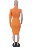 Tangerine Sexy Solid Hollowed Out Patchwork Half A Turtleneck One Step Skirt Dresses
