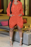 ローズレッドファッションカジュアルソリッドパッチワークフード付き襟長袖ドレス（ベルトなし）