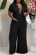 Macacão preto moda casual sólido básico com decote em V tamanho grande
