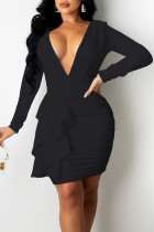 ブラックファッションセクシーなソリッドパッチワークVネックワンステップスカートドレス
