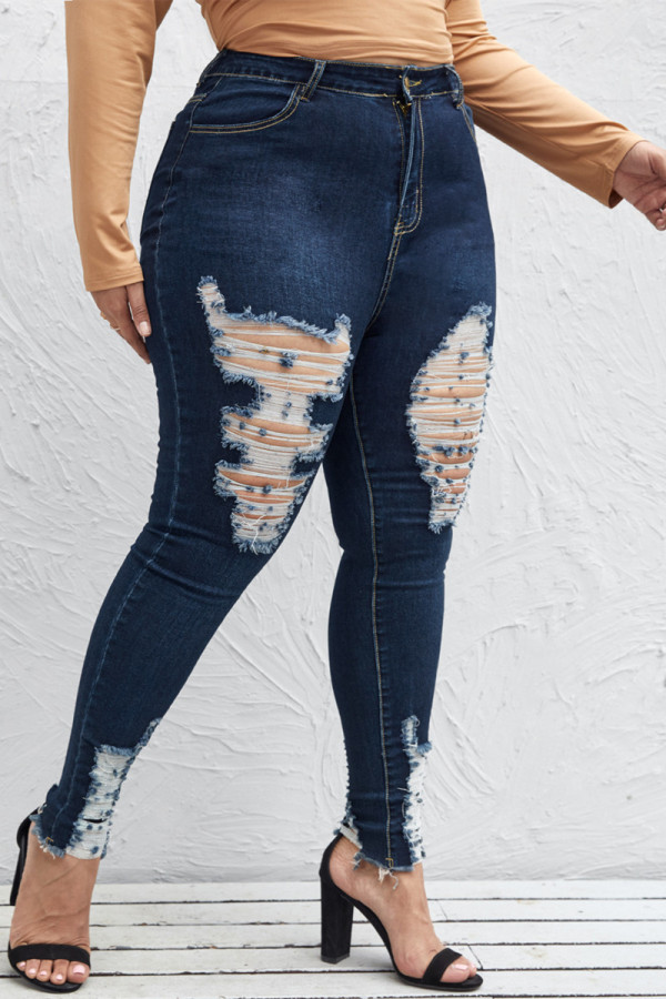 Tibetan Blue Fashion Casual Solid Ripped Plus Size Jeans