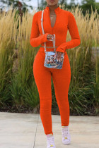 オレンジファッションカジュアルソリッドベーシックジッパーカラー長袖ツーピース