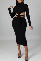 ブラックファッションカジュアルソリッドバックレスOネックワンステップスカートドレス