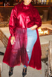 Бордовая модная однотонная верхняя одежда в стиле пэчворк с сетчатым отложным воротником и пряжкой