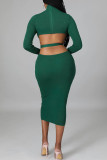 Vestidos de falda de un paso con cuello en O sin espalda sólido casual de moda verde