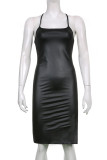 ブラック ファッション セクシー ソリッド スリット スパゲッティ ストラップ ワンステップ スカート ドレス