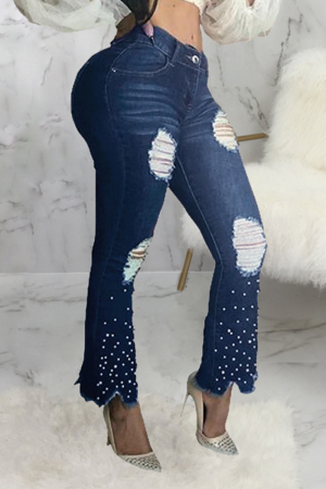 Dark Blue Sexy Solid Pearl Mid Waist Boot Cut Ripped Skinny Denim Jeans