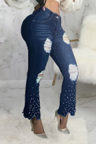 Dunkelblaue, sexy, solide, zerrissene, mittelhohe Denim-Jeans mit Bootcut-Schnitt und Perlen