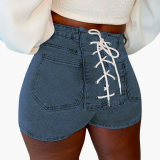 Djupblå Sexiga Solida Draw String Skinny Denim Shorts med mitten av midjan