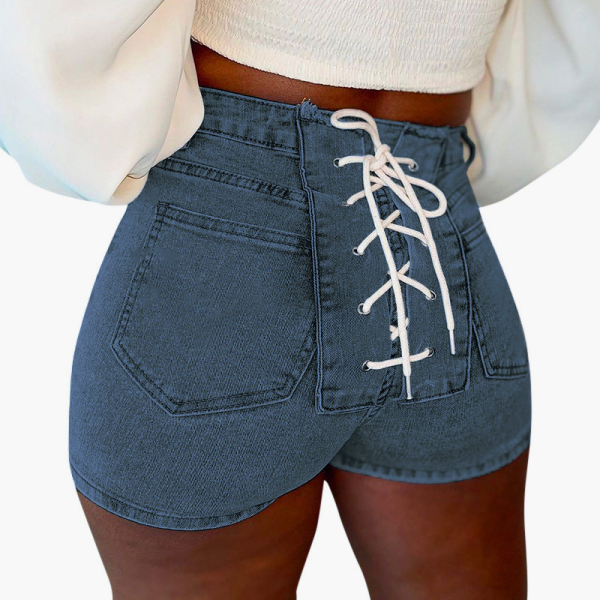 Short en jean skinny bleu profond sexy à cordon de serrage uni taille moyenne
