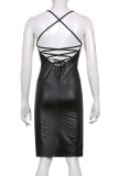 ブラック ファッション セクシー ソリッド スリット スパゲッティ ストラップ ワンステップ スカート ドレス