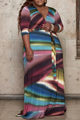 Многоцветное модное повседневное длинное платье больших размеров с принтом и V-образным вырезом
