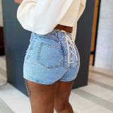 Short en jean skinny bleu sexy à cordon de serrage uni taille moyenne