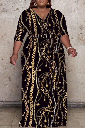 Robe longue décontractée à la mode décontractée grande taille à col en V basique noire