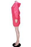 Rose Red Fashion Casual Solid Patchwork Hooded Collar Long Sleeve Dresses (Without Belt)