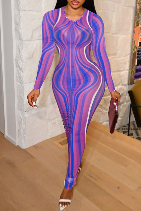 Vestidos de manga larga con cuello en O transparentes con estampado sexy de moda púrpura