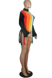 Colour Fashion Street Striped Tassel Patchwork O Neck Tops