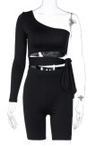 Schwarze Mode Sportswear Solid Frenulum One Shoulder Langarm Zweiteiler