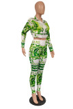 グリーンファッションカジュアルプリントベーシックジッパーカラー長袖ツーピース