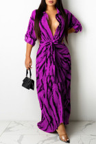 ローズレッドファッションセクシーなプリントパッチワークターンダウンカラーワンステップスカートドレス