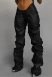 Pantalones de cintura baja regulares con pliegues sólidos casuales de moda negro