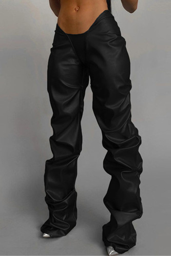Black Fashion Casual Solid Fold Regular Low Waist Trousers