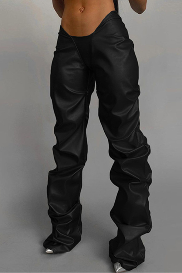 Calças casuais de cintura baixa casual moda preta com dobra sólida