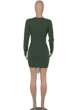 Army Green Sexy Solid Hollowed Out Split Joint Draw String Fold V Neck Pencil Skirt Dresses