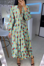 Green Casual Print Patchwork V Neck Cake Skirt Dresses