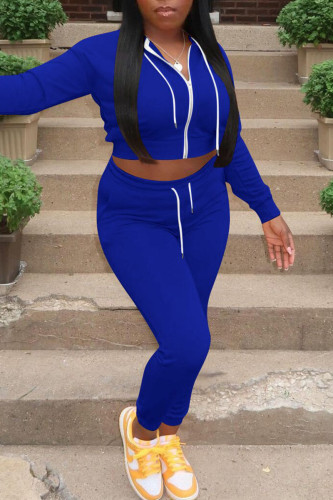 Blue Casual Zipper Hooded Collar Long Sleeve Crop Jackets And Skinny Pants Two Pieces Sweatsuit Sets