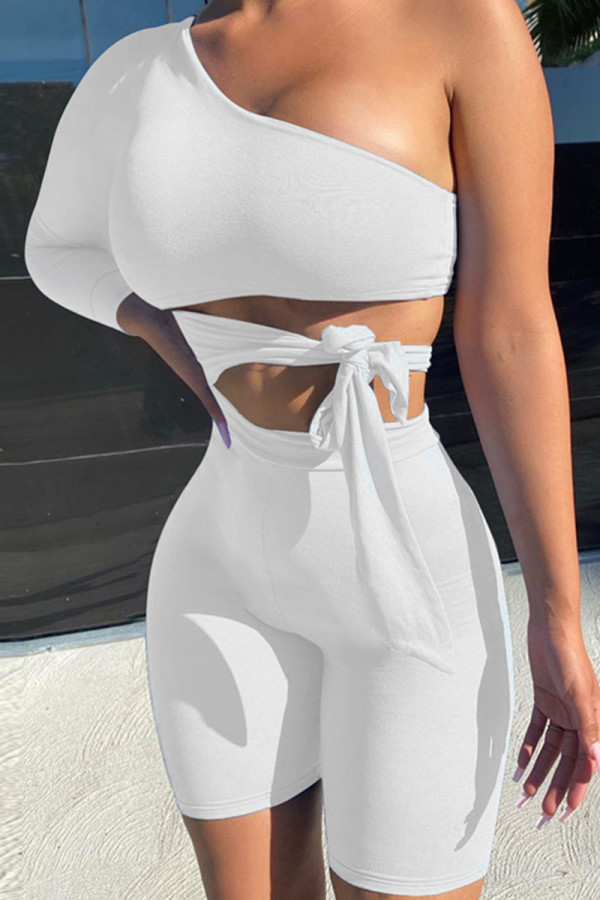 Weiße Mode Sportswear Solid Frenulum One Shoulder Langarm Zweiteiler