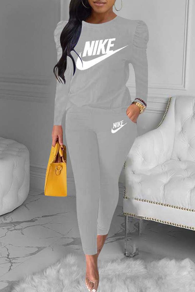 

Grey Fashion Casual Print Basic O Neck Long Sleeve Two Pieces