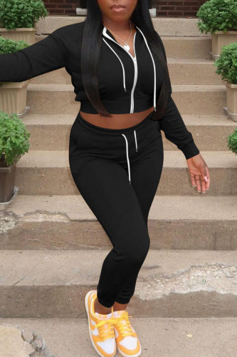 Black Casual Zipper Hooded Collar Long Sleeve Crop Jackets And Skinny Pants Two Pieces Sweatsuit Sets