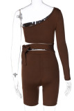 Coffee Fashion Sportswear Solid Frenulum One Shoulder Long Sleeve Two Pieces