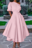Pink Casual Solid Patchwork One Shoulder Cake Skirt Dresses