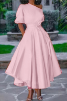 Розовые повседневные однотонные платья в стиле пэчворк с юбкой-торт на одно плечо