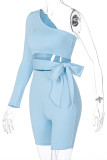 Blau Fashion Sportswear Solid Frenulum One Shoulder Langarm Zweiteiler