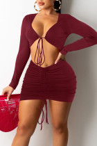 Burgundy Sexy Solid Hollowed Out Split Joint Draw String Fold V Neck Pencil Skirt Dresses