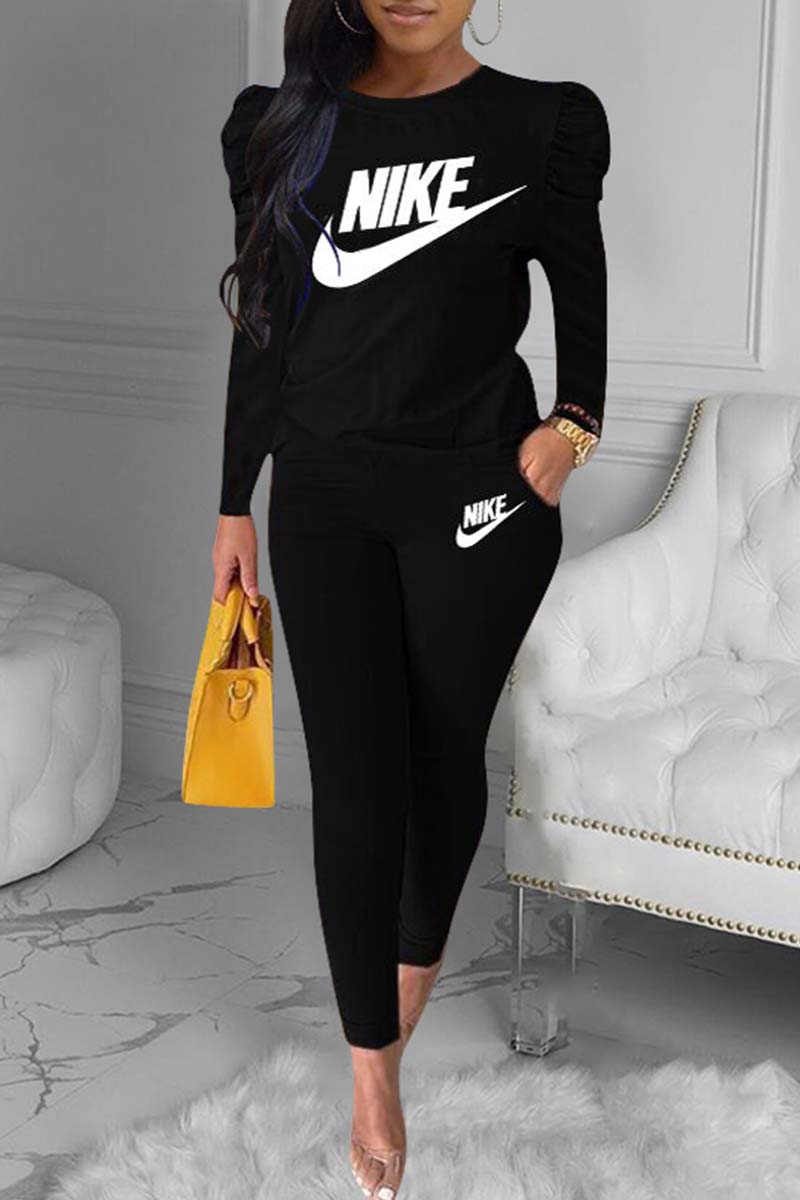 

Black Fashion Casual Print Basic O Neck Long Sleeve Two Pieces